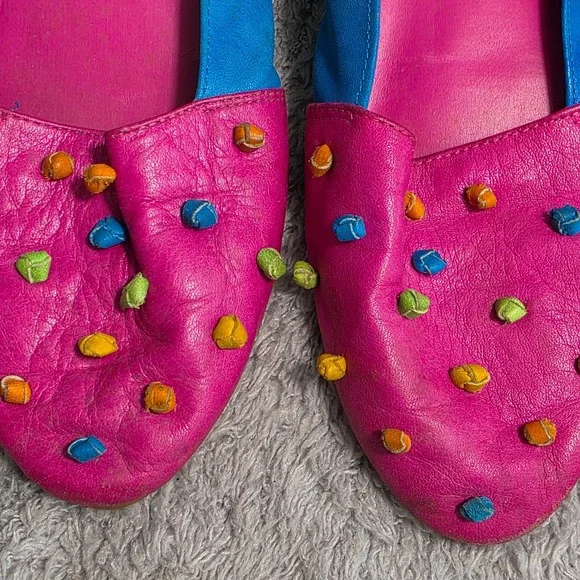 VINTAGE Arteffects Leather Ballet Flats Pink Blue Colorful 70s Shoes 7.5 - Picture 2 of 11